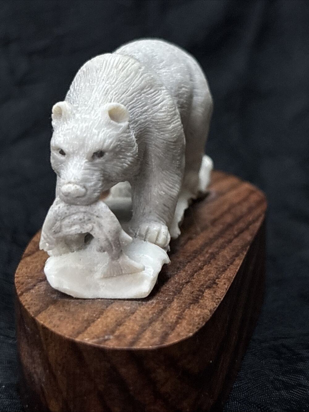 Carved Antler Grizzly Bear Eating A Fish Moose Antler Detailed Hand Carving 3.5”